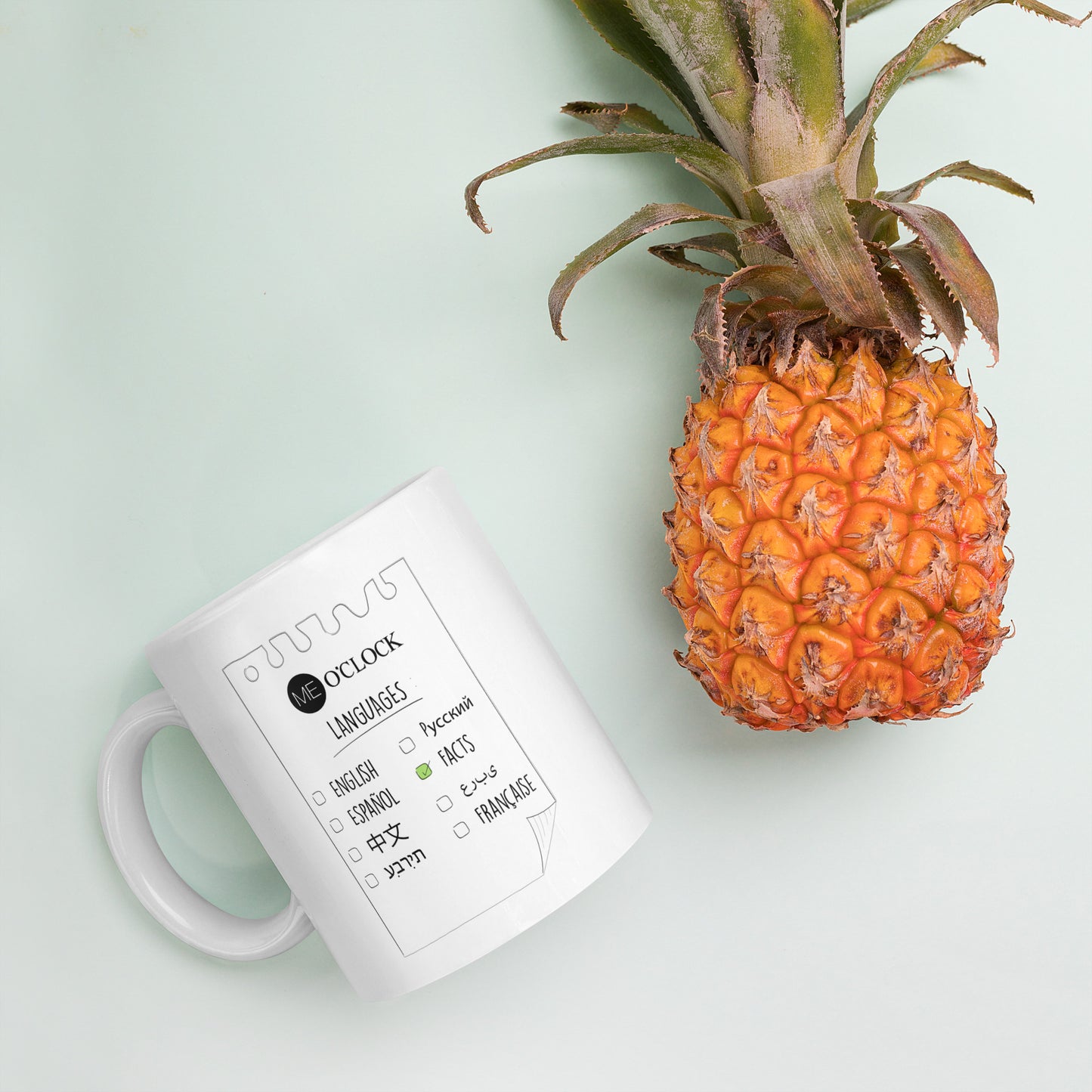 ME O'CLOCK Languages White glossy mug