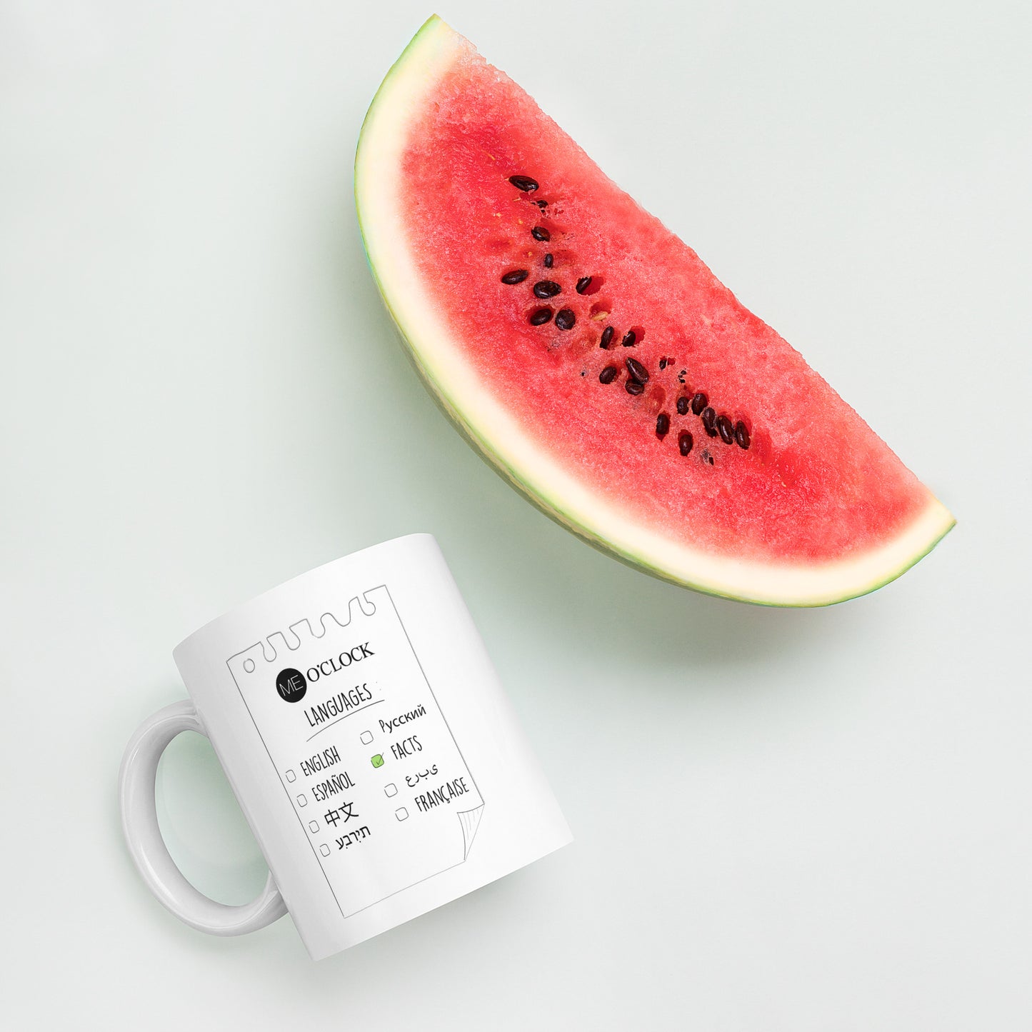 ME O'CLOCK Languages White glossy mug